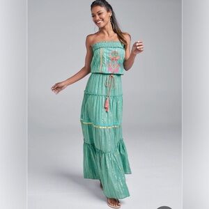 NWOT VENUS Strapless Dress in Teal with Embroidered Accents, Size Medium